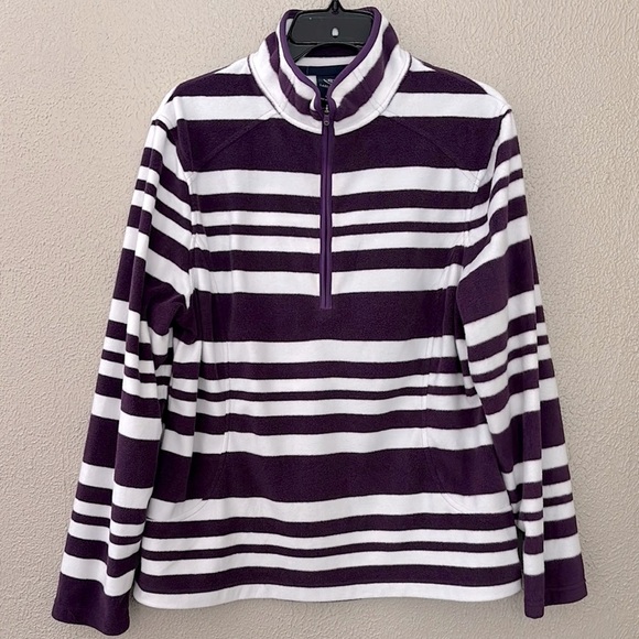 Women’s Lands End Striped Pullover Fleece, Large, Purple/White - Picture 1 of 6
